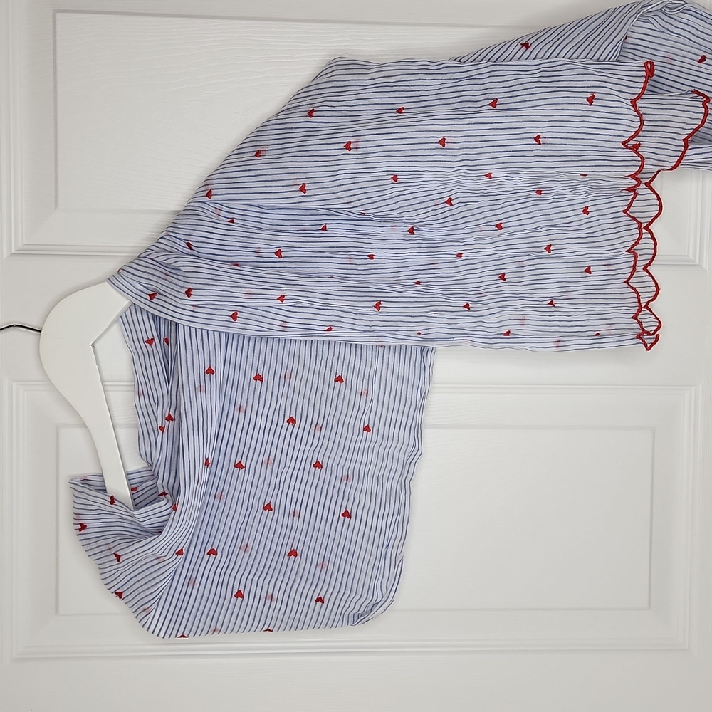 Heart pinstripe lightweight scarf scalloped hem embroidered Valentines Day